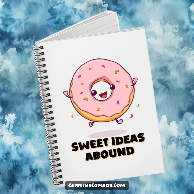 Funny notebook with a playful donut character spinning joyfully, ideal for capturing sweet ideas and creative notes.