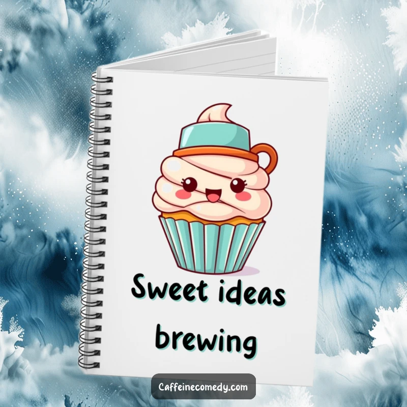 Funny Kawaii cupcake character wearing a coffee mug hat, ideal for jotting down ideas in this cute notebook.