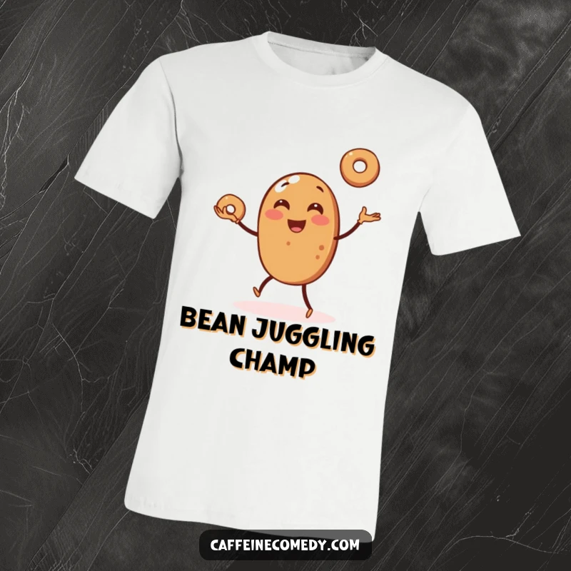 Funny t-shirt showcasing a jubilant coffee bean energetically juggling miniature bagels, a delightful and humorous sight for all.