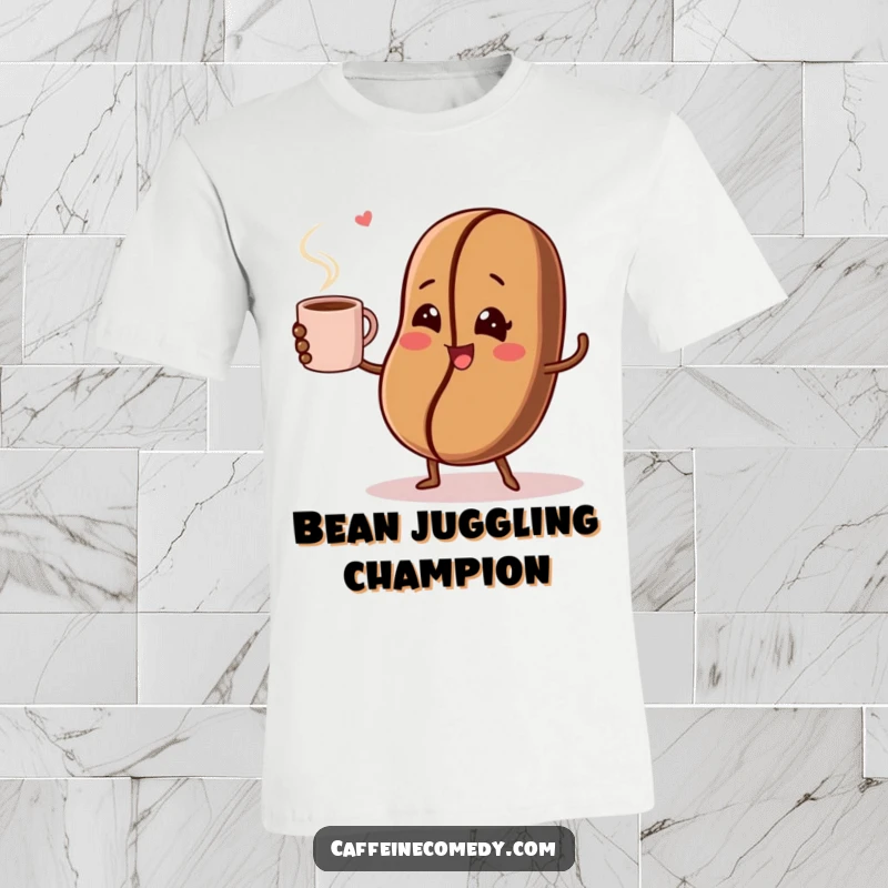 Funny t-shirt featuring a winking coffee bean cartoon character juggling a steaming coffee cup, designed for coffee lovers.