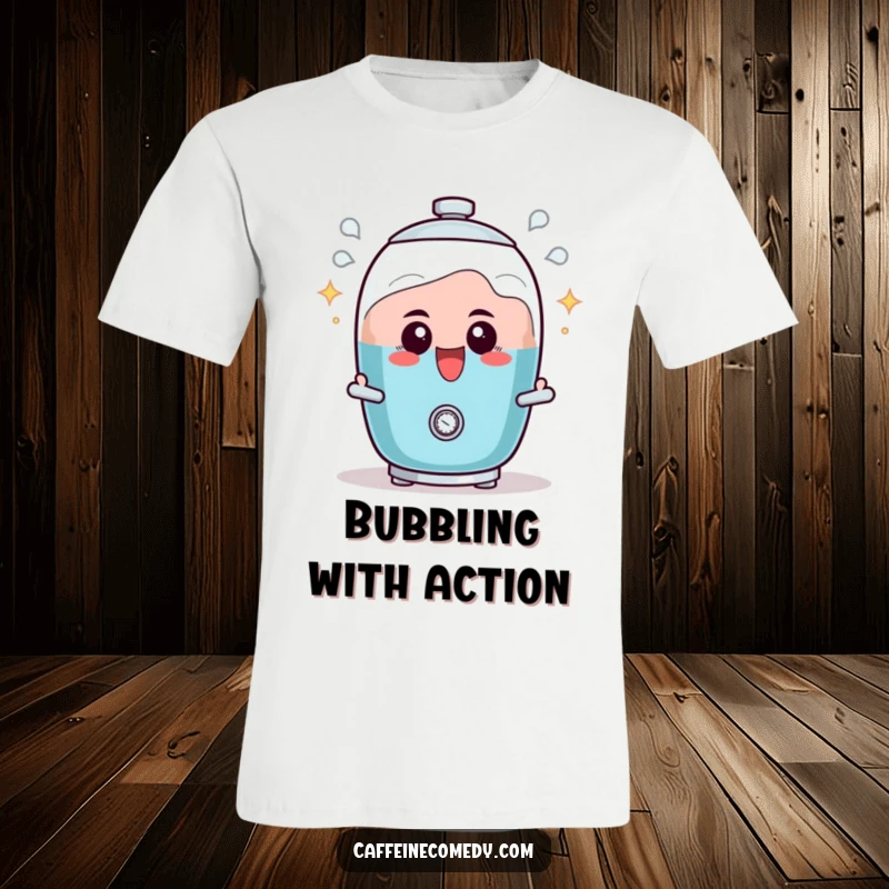 Funny t-shirt with a determined percolator character, shown actively bubbling with excitement and energy.