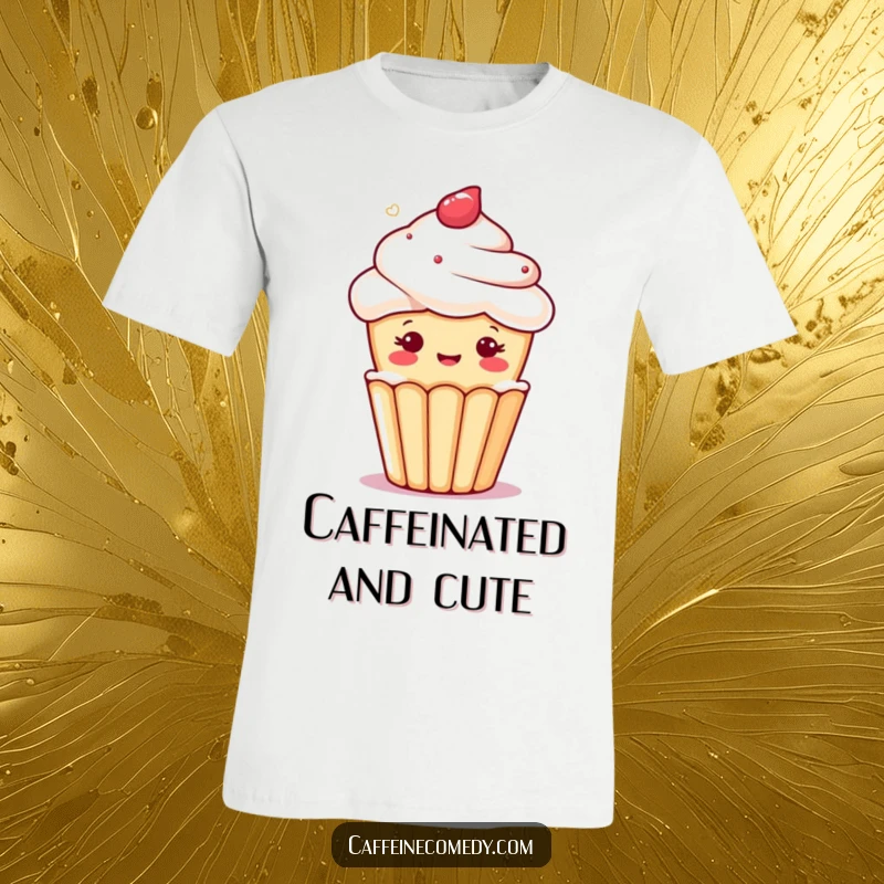 Funny kawaii cupcake character winking from a foamy coffee or tea beverage, printed on a fun t-shirt.