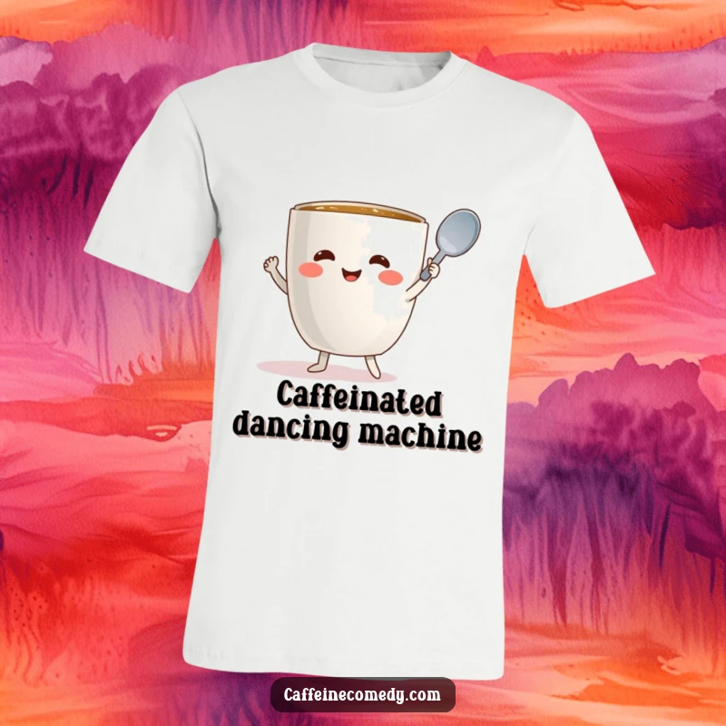 Funny coffee mug character performing a joyful dance holding a spoon, ideal for coffee enthusiasts.