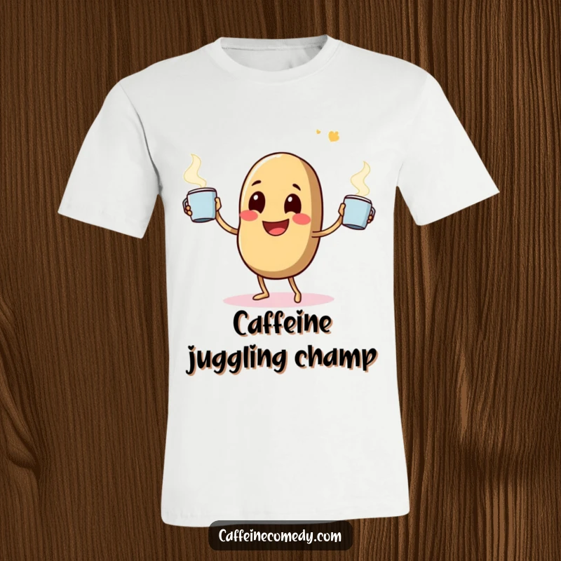 Funny t-shirt depicting a happy coffee bean character comically juggling steaming mugs, celebrating the love of coffee.