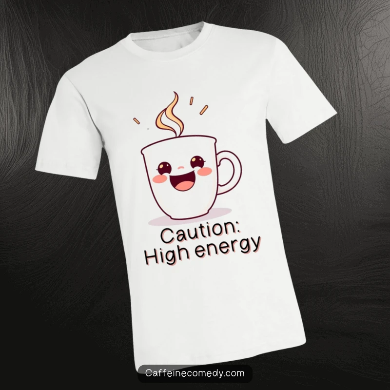 Funny t-shirt showing a beaming espresso cup character steaming with infectious energetic delight, radiating pure coffee joy.
