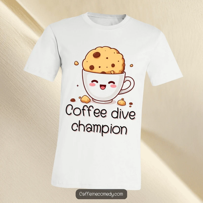 Funny kawaii cookie crumbling with delight diving into coffee, on a t-shirt, crumbly and humorous design.
