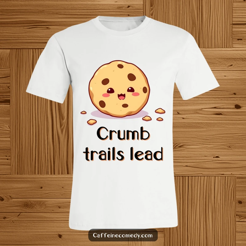 Funny t-shirt graphic of a sneaky cookie on the move, leaving a distinct trail of delicious crumbs, symbolizing pure indulgence.