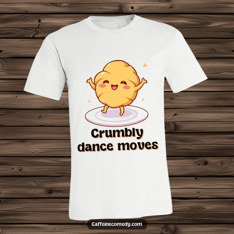 Funny t-shirt graphic of a happy, dancing croissant illustration on a plate, ideal for foodies and fun-loving people.