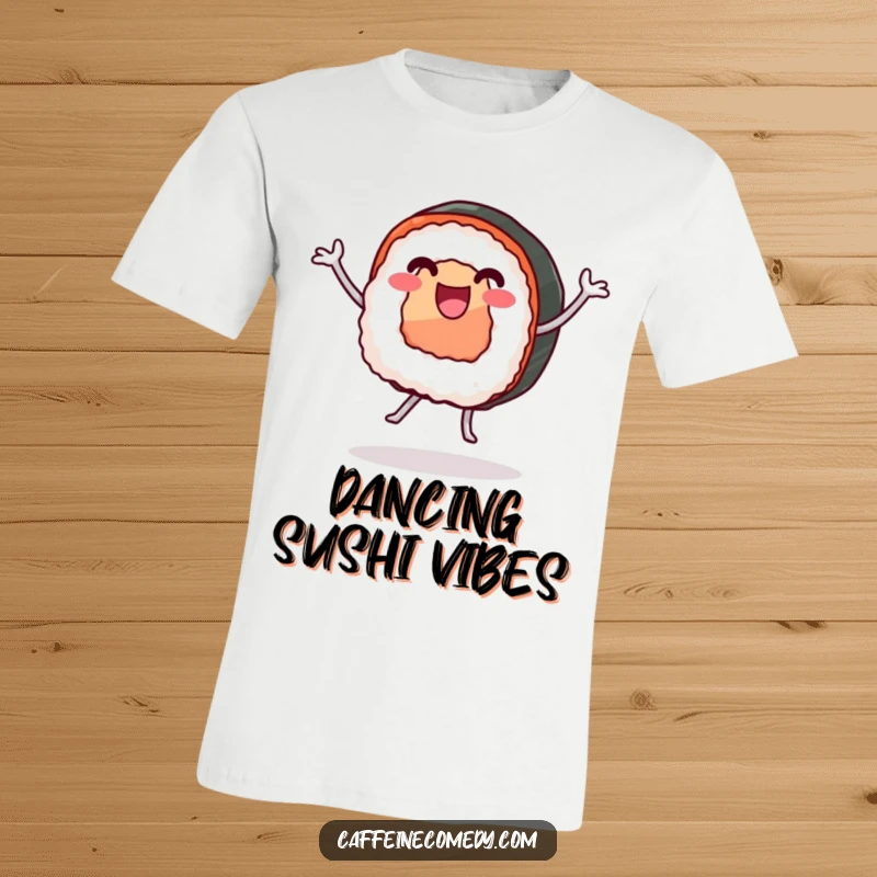 Funny t-shirt displaying a jubilant sushi roll with legs in mid-dance, showcasing pure happiness and foodie delight.