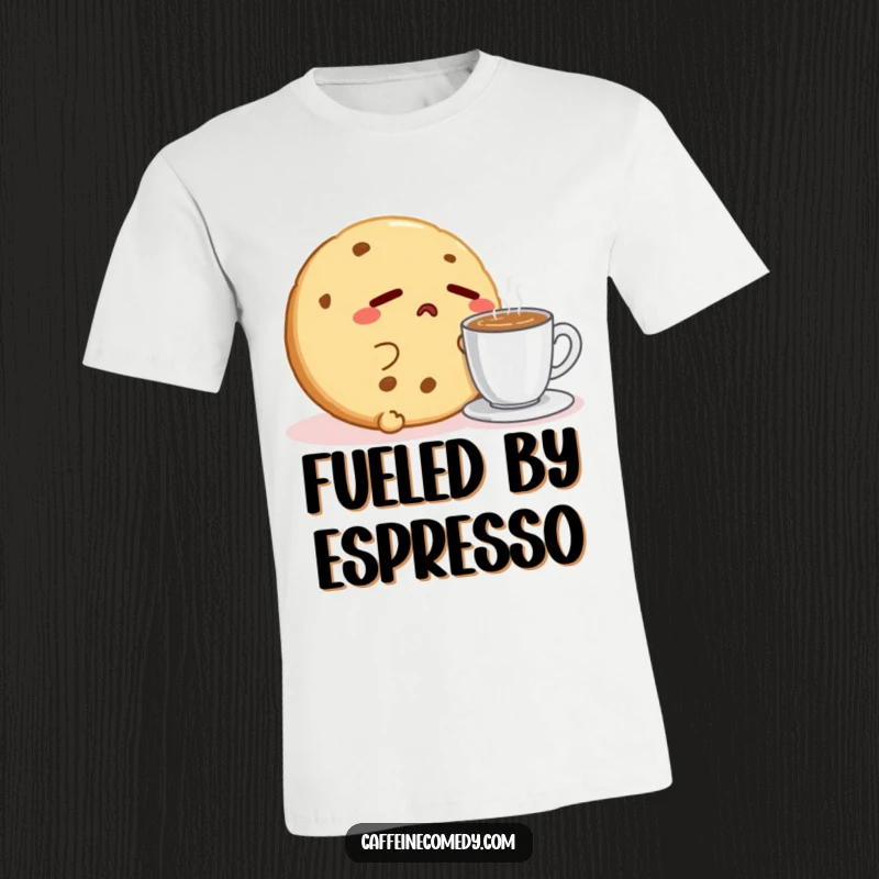 Funny Kawaii Cookie Yawn T-Shirt: A sleepy cookie character yawns widely next to espresso, perfect for relatable morning humor.