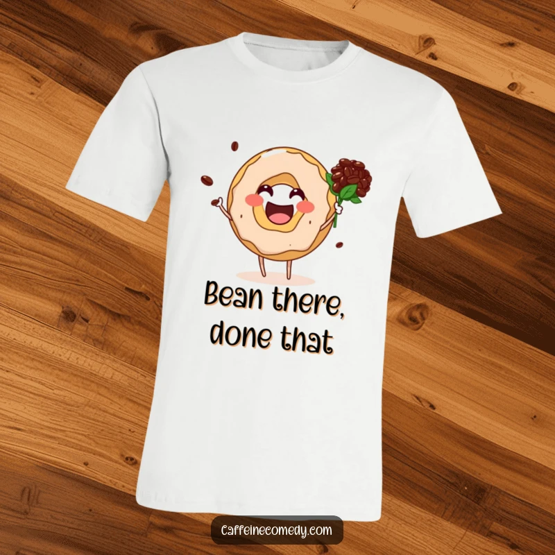 Funny donut hole character enthusiastically giving a bouquet of coffee beans, designed for coffee lovers.