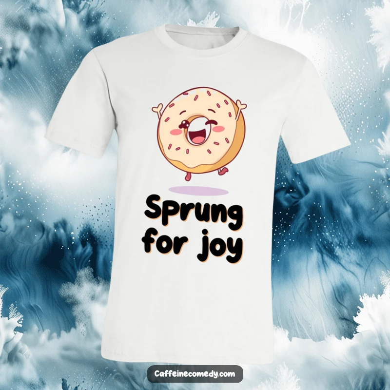 Funny delighted donut character mid-leap with colorful sprinkles flying, featured on a comfortable and humorous t-shirt.