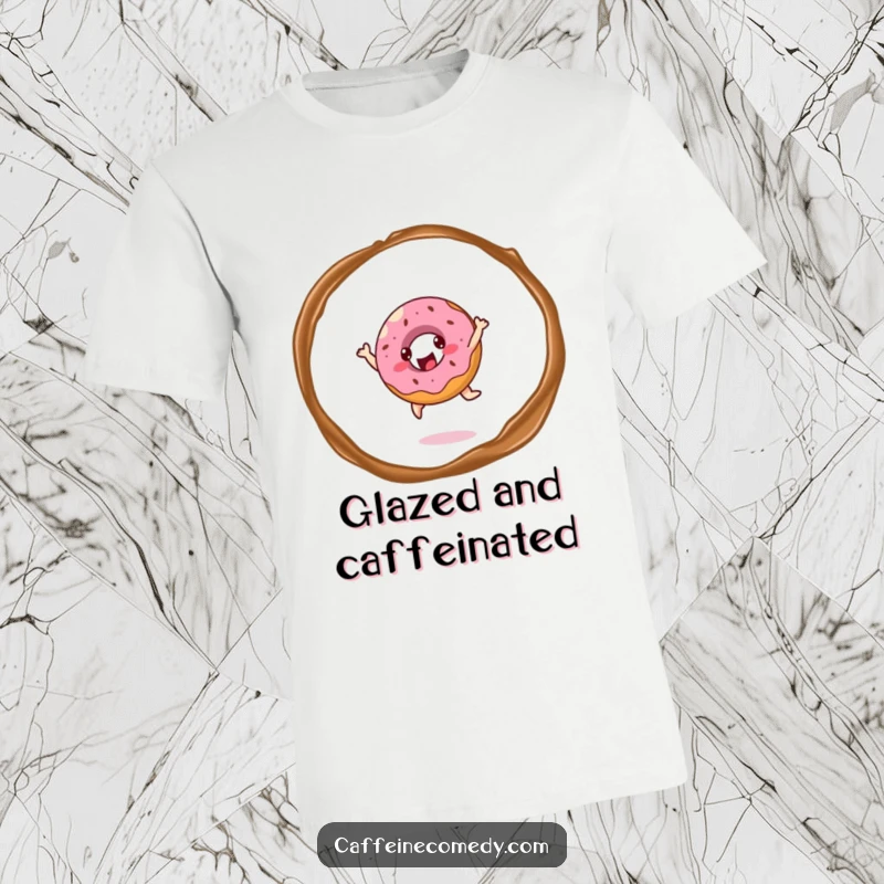 Funny cheerful donut character joyfully leaping through coffee steam, designed for maximum smiles on a comfortable t-shirt.