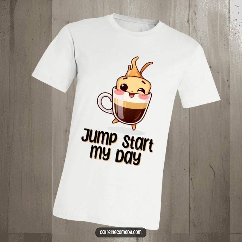 Funny t-shirt graphic of a giggling espresso shot character leaping energetically out of a coffee cup, full of life.