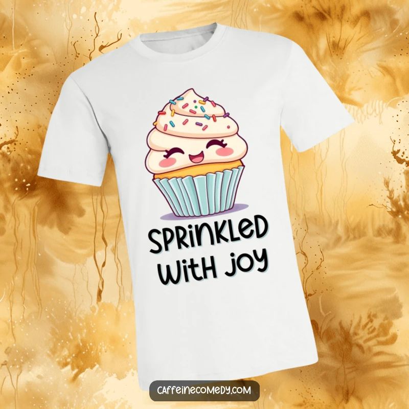 Funny t-shirt displaying a cute cupcake with colorful sprinkles for hair, giggling heartily, perfect for dessert lovers.
