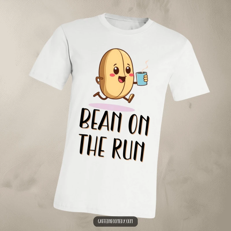 Funny Kawaii coffee bean character sprinting with a steaming mug, depicted in a dynamic, joyful pose on a soft t-shirt.