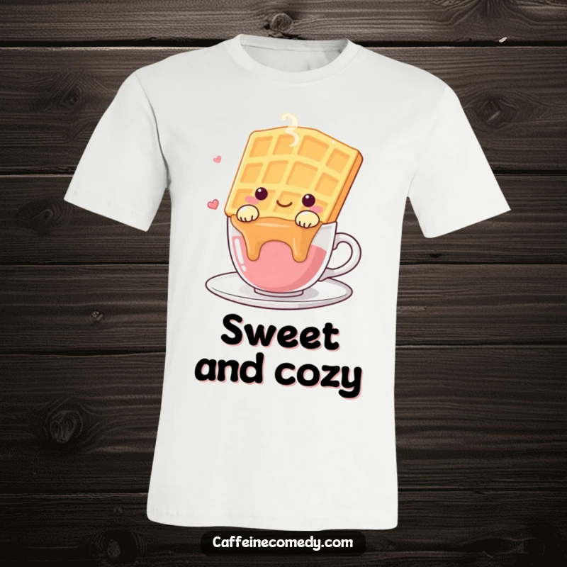 Funny kawaii waffle character happily draped over a steaming coffee or tea cup, printed on a fun t-shirt.