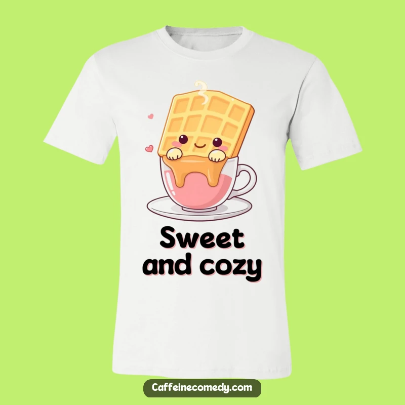 Funny Kawaii Waffle T-Shirt - Happy Drape Over Coffee