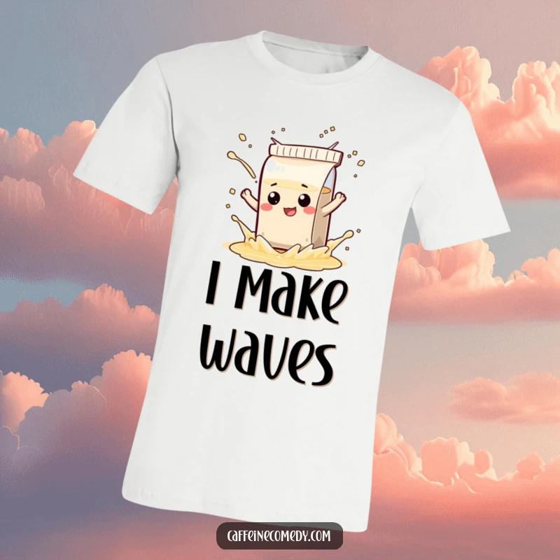 Funny t-shirt with a mischievous tea bag character playfully splashing tea, conveying a lighthearted and fun vibe.