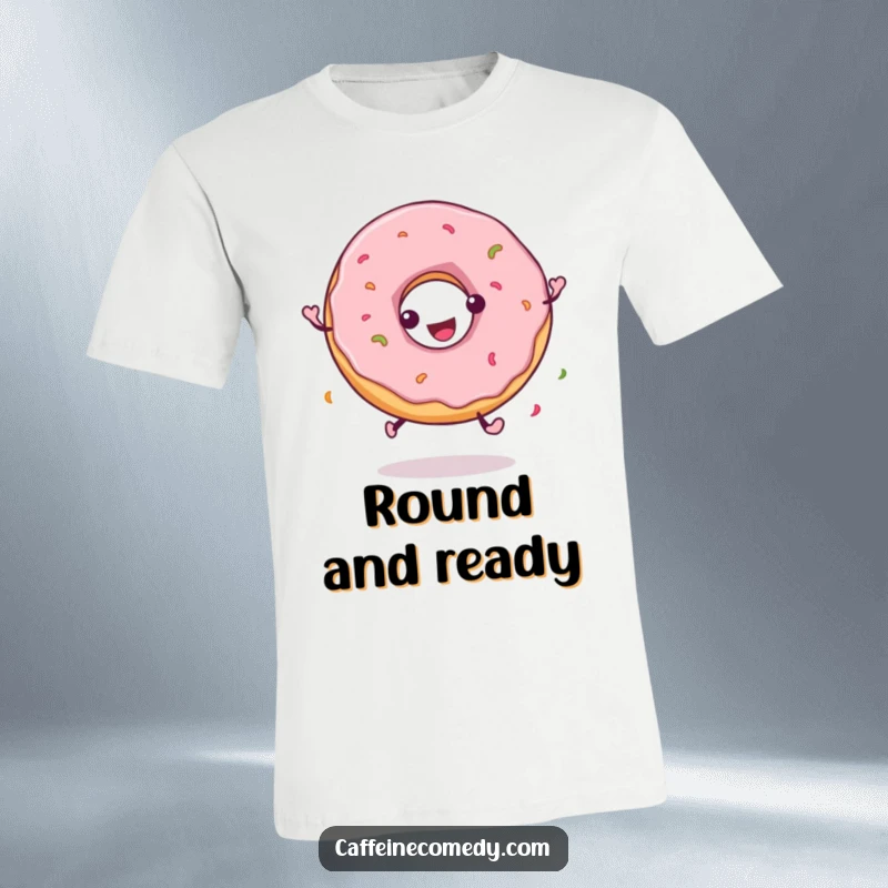 Funny t-shirt depicting a circular, playful donut character joyfully spinning around, radiating energy and sweetness.