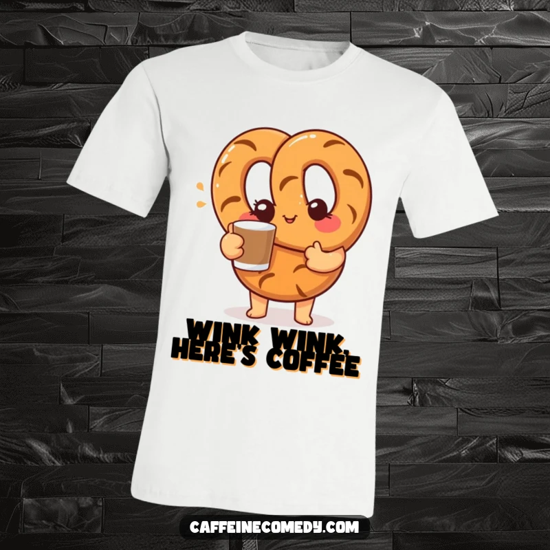 Funny t-shirt featuring a curious pretzel character giving a friendly wink while offering a coffee cup, designed for humorous appeal.