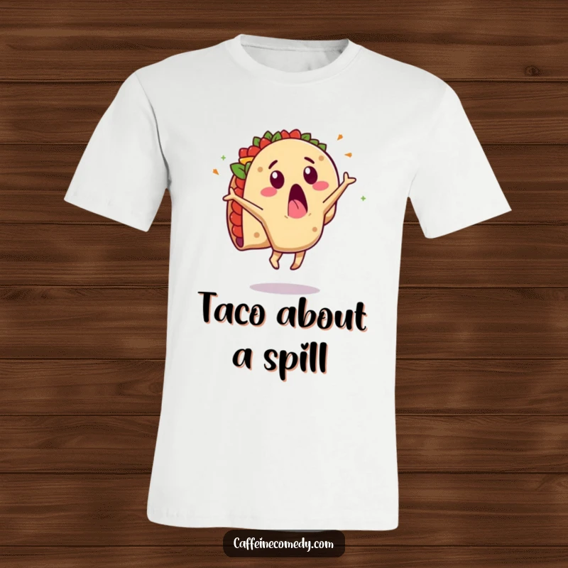 Funny t-shirt depicting a surprised taco character performing a wild cartwheel, its fillings bursting outwards in a chaotic, humorous display.