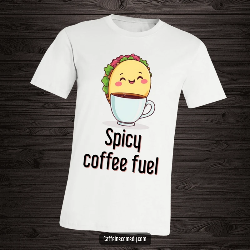 Funny t-shirt with a happy taco holding a hot coffee cup, symbolizing a perfect morning or a tasty treat.