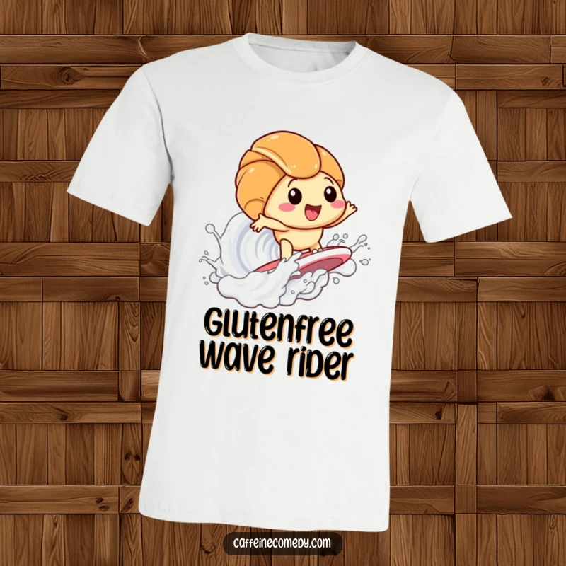 Funny Kawaii Croissant Surfing Milk T-Shirt: Adorable pastry character joyfully surfing a milk wave, bringing smiles. A humorous and stylish graphic tee.
