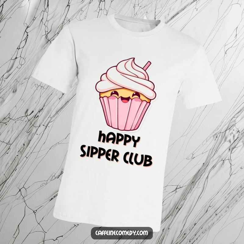 Funny kawaii cupcake with cheerful grin taking a giant sip, on a t-shirt, sweet and humorous design.
