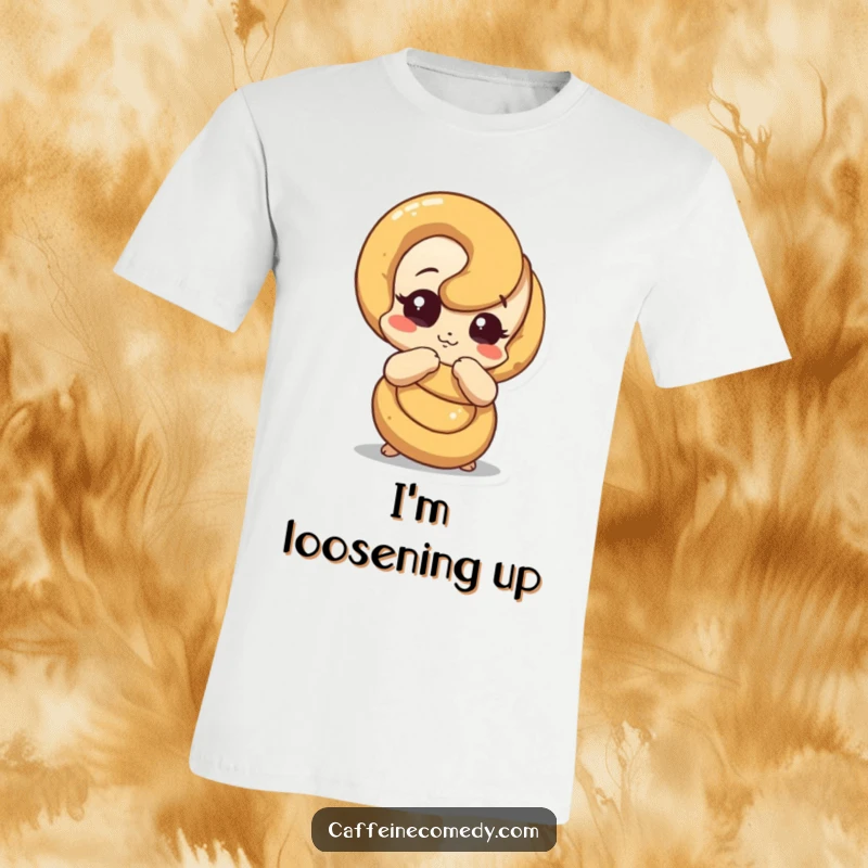 Funny pretzel t-shirt showing a pretzel character hilariously unraveling, representing exploration and unfolding discoveries.