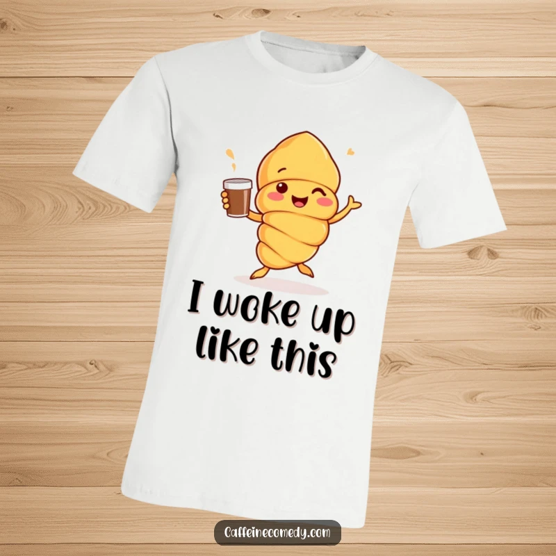 Funny Cheerful croissant character enthusiastically dancing with a coffee cup, spreading joy and energy, perfect for coffee fans.