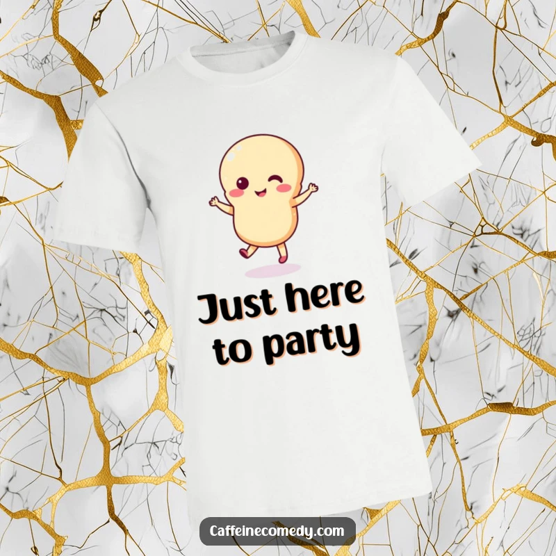 Funny macaron t-shirt showcasing a lively macaron character mid-dance, embodying pure joy and delightful, sweet movement.