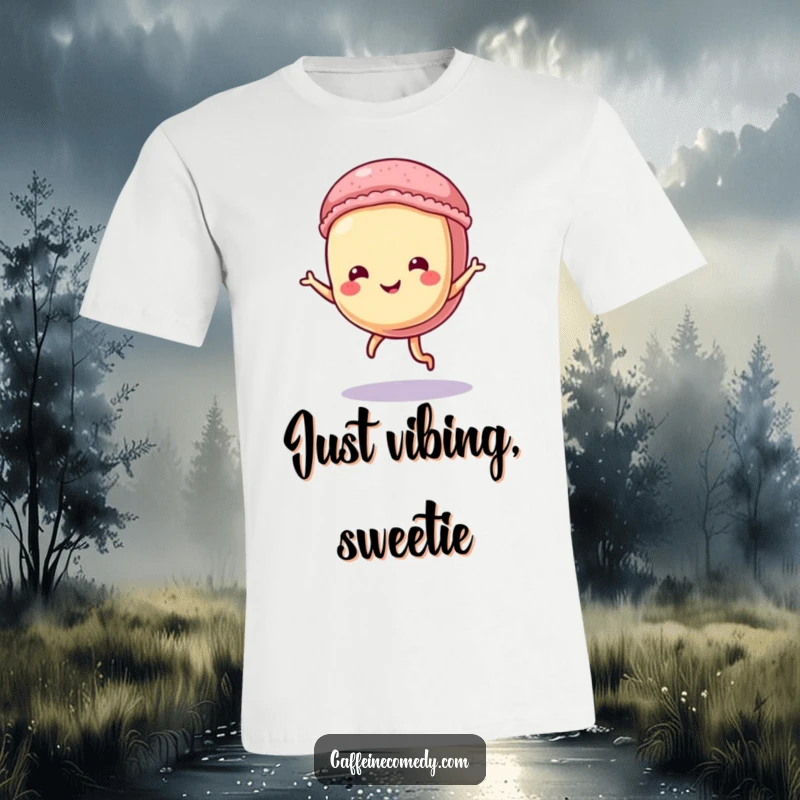 Funny Macaron T-Shirt: A cheerful macaron character captured mid-dance, spreading joy with its playful moves.