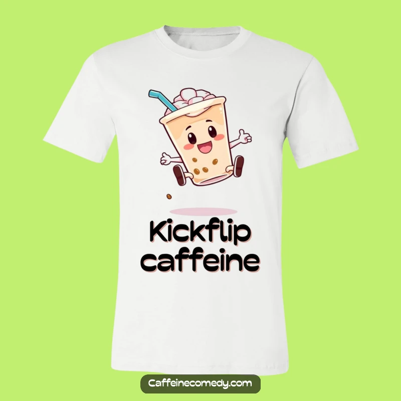 Funny Iced Coffee Kickflip T-Shirt: Energetic Action Print, Comfy & Cool Tee!
