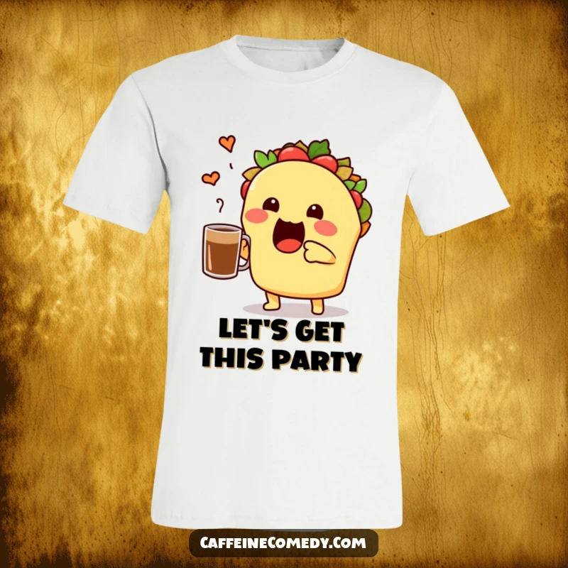 Funny cute taco character holding up a coffee mug for a toast, energetic and celebratory design for taco and coffee fans.