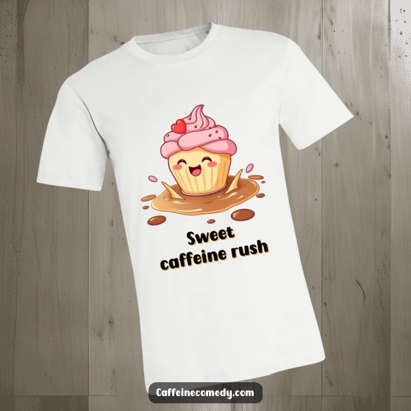 Funny Cupcake T-Shirt: A smiling cupcake splashes in coffee, perfect for sweet lovers, a great funny gift.