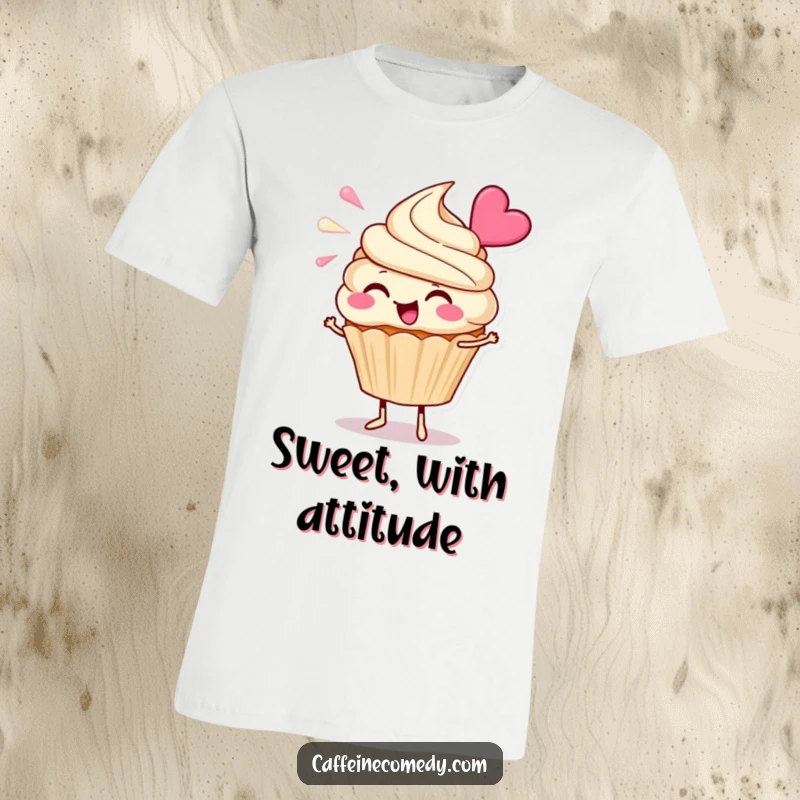 Funny Cupcake T-Shirt: A cheerful cupcake character joyfully blowing frosting, showcasing festive and fun energy.