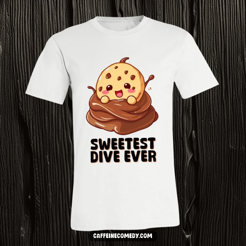 Funny kawaii cookie character gleefully diving into a chocolate swirl, printed on a fun t-shirt.