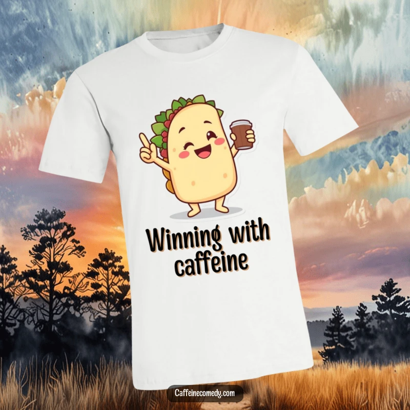 Funny smiling taco character in a lively victory dance pose, clutching a coffee cup, printed on a comfortable t-shirt.