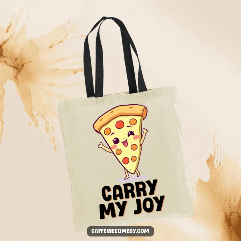 Funny Pizza Tote Bag: A gleeful pizza slice character spinning happily, perfect for carrying groceries and smiles.