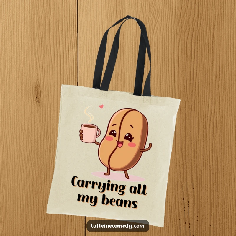 Funny tote bag showcasing a winking coffee bean in the act of juggling a steaming coffee cup, great for errands.