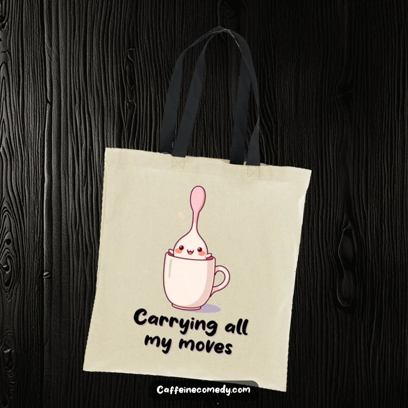 Funny kawaii stirring spoon character performing a happy dance inside a mug, printed on a durable tote bag, for a stylish and humorous carry-all.