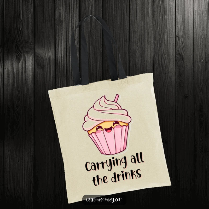Funny kawaii cupcake sipping, durable tote bag, stylish accessory, sweet and humorous design, everyday use.