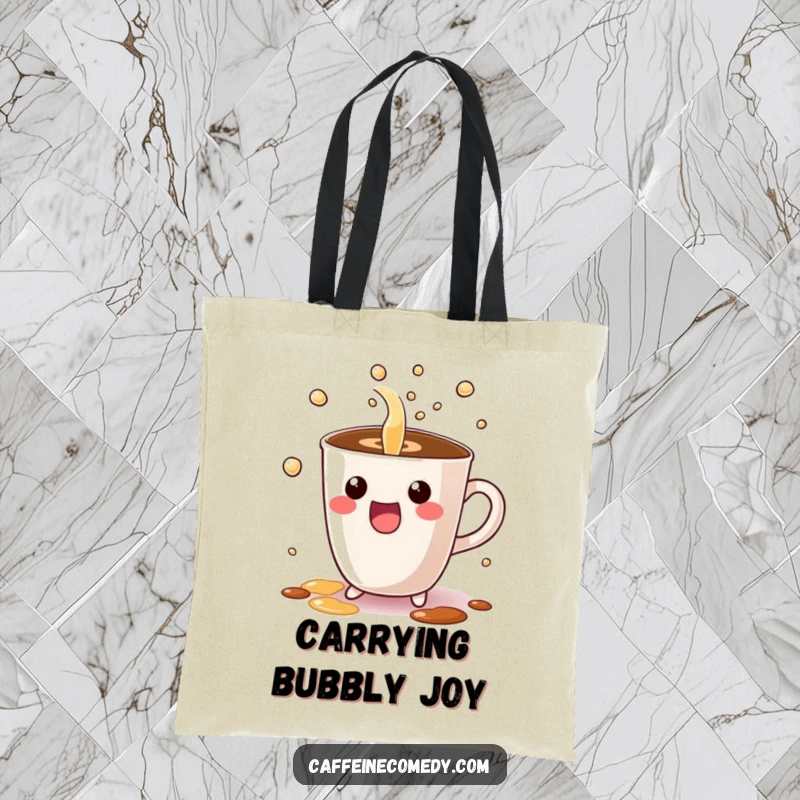 Funny tote bag with a Kawaii coffee cup character excitedly pouring bubbly liquid, perfect for carrying essentials with cute energy.