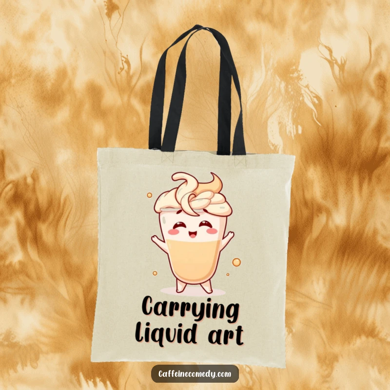 Funny tote bag showcasing a giggling latte character in a fancy swirl motion, a delightful accessory for daily use.