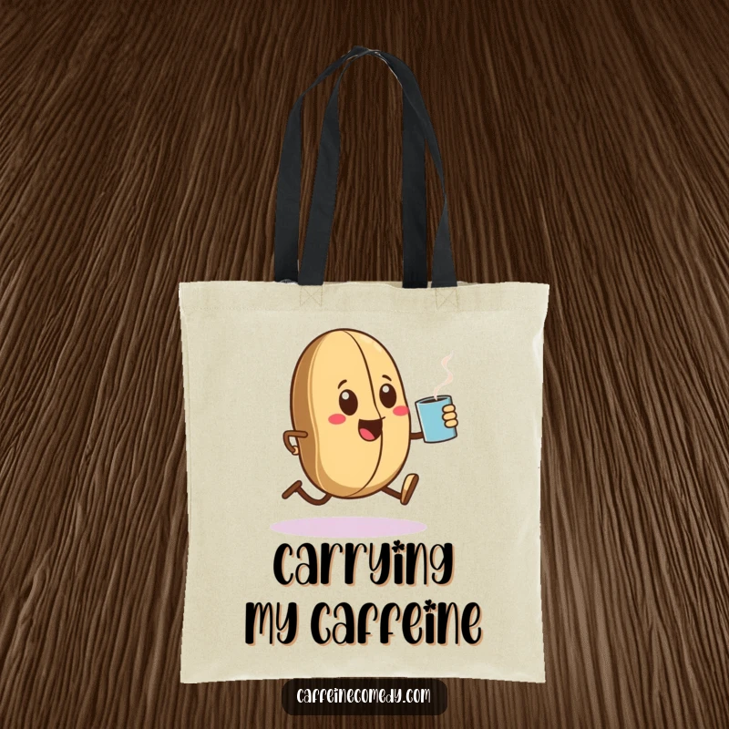 Funny Kawaii coffee bean character sprinting enthusiastically with a steaming coffee mug, printed on a durable and stylish tote bag.