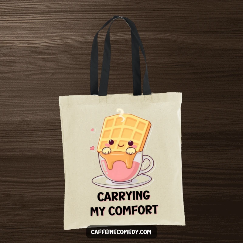 Funny kawaii waffle character happily draped over a steaming coffee cup, on a practical and humorous tote bag.
