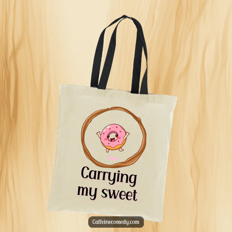 Funny cheerful donut character joyfully leaping through coffee steam, printed on a durable and chic tote bag.