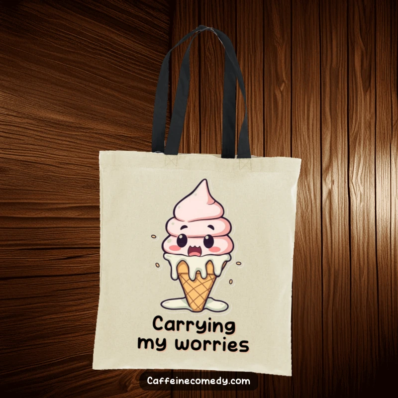 Funny Kawaii Ice Cream Melting Tote Bag: A surprised ice cream cone dramatically melting, ideal for carrying essentials with humor.