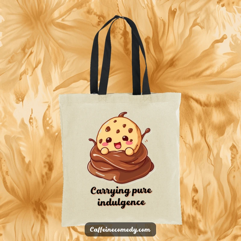 Funny kawaii cookie character gleefully diving into a chocolate swirl, on a practical and humorous tote bag.